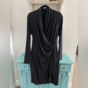 Karen Kane Black Sparkle Draped Wrap-Style Long Sleeve Dress